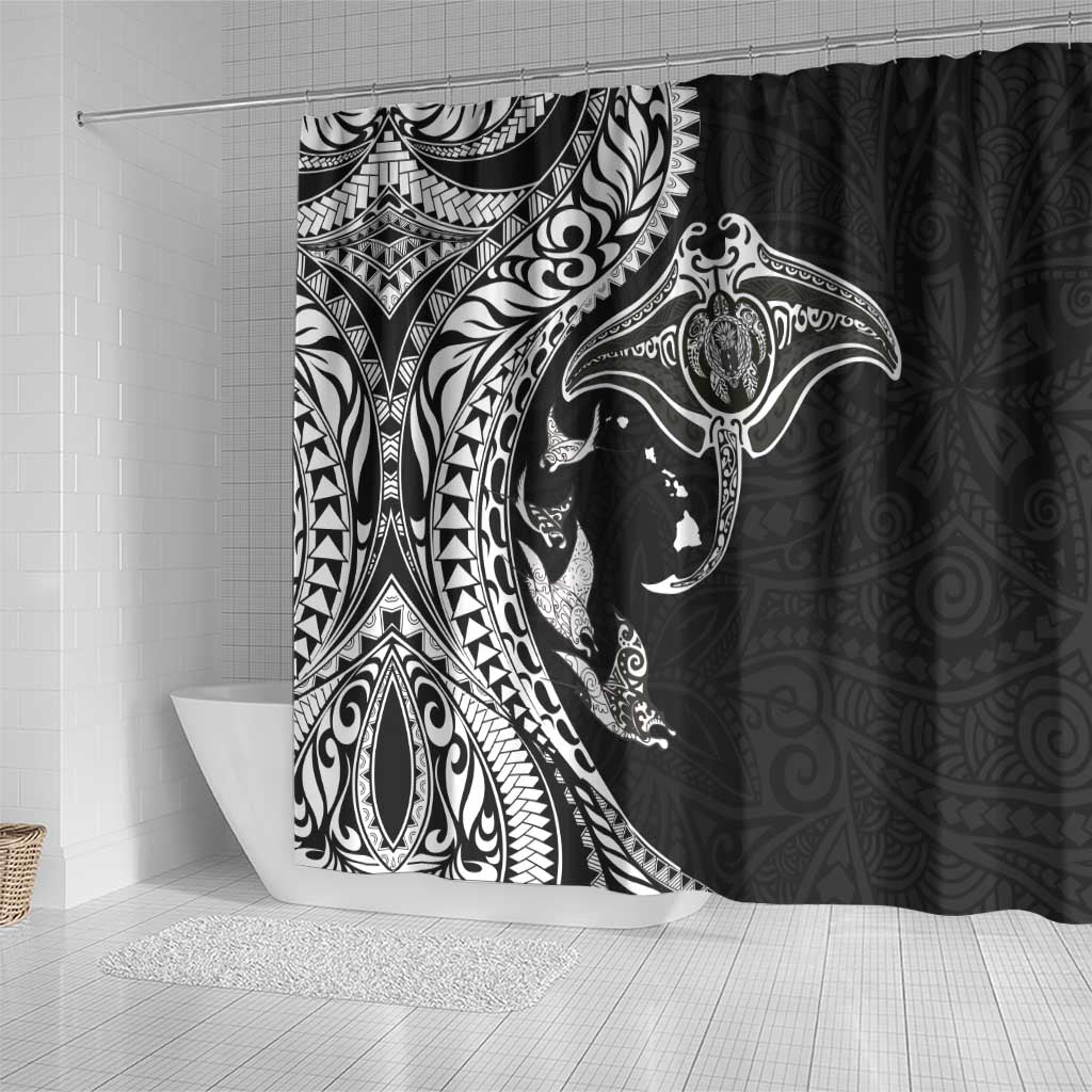 Hawaiian Manta Ray and Polynesian Tribal Tattoo Shower Curtain Black Color LT03