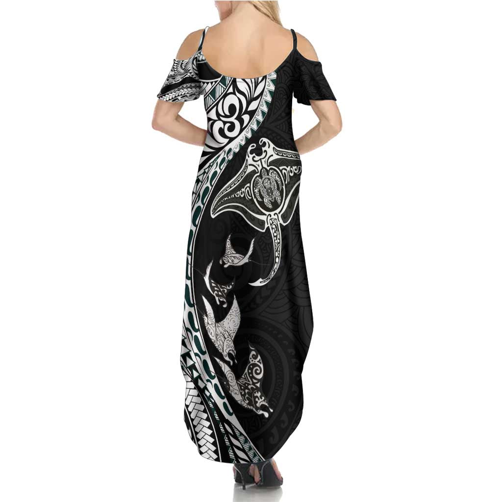 Hawaiian Manta Ray and Polynesian Tribal Tattoo Summer Maxi Dress Black Color LT03