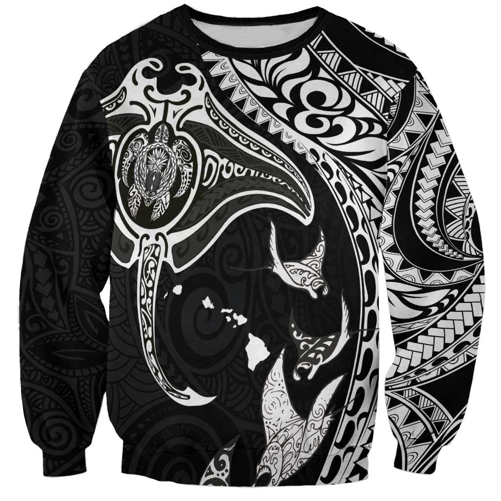 Hawaiian Manta Ray and Polynesian Tribal Tattoo Sweatshirt Black Color LT03 Unisex Black - Polynesian Pride