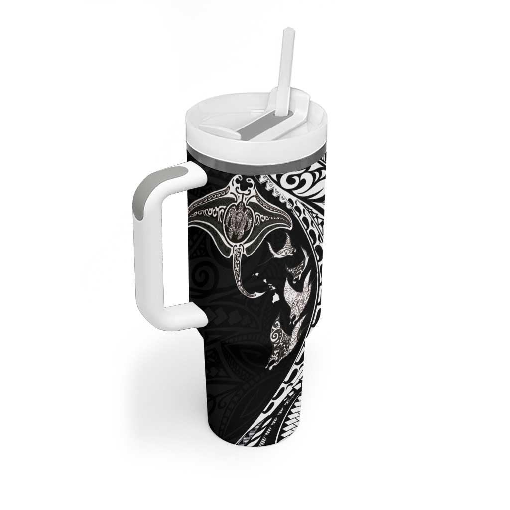 Hawaiian Manta Ray and Polynesian Tribal Tattoo Tumbler With Handle Black Color