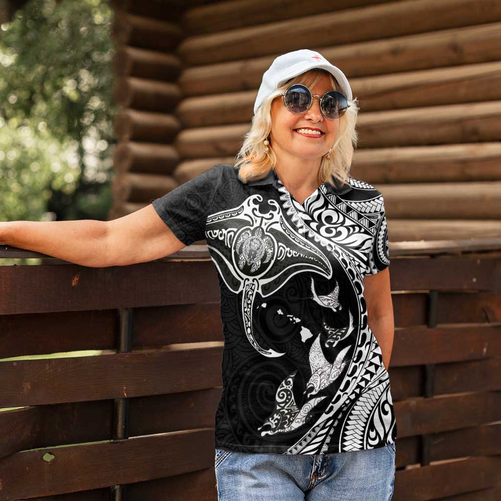 Hawaiian Manta Ray and Polynesian Tribal Tattoo Women Polo Shirt Black Color LT03