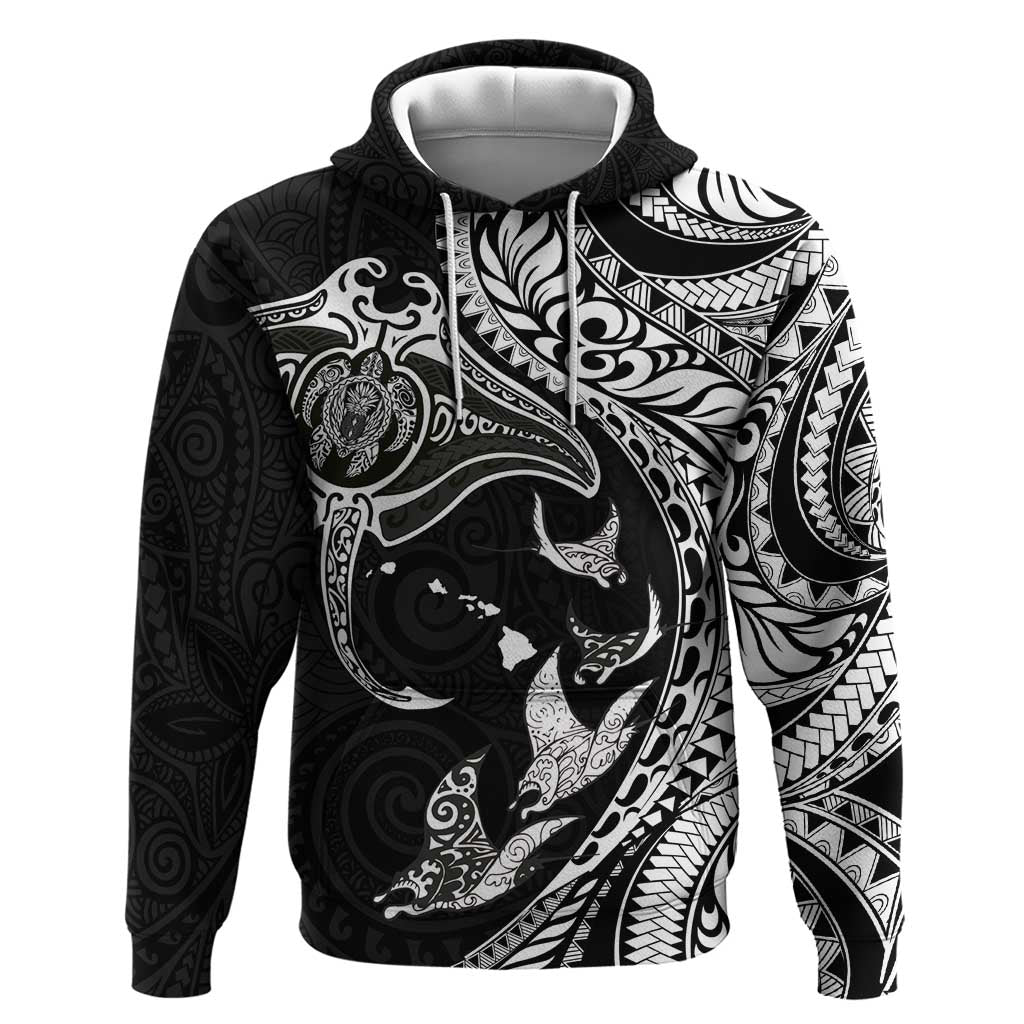 Hawaiian Manta Ray and Polynesian Tribal Tattoo Zip Hoodie Black Color LT03