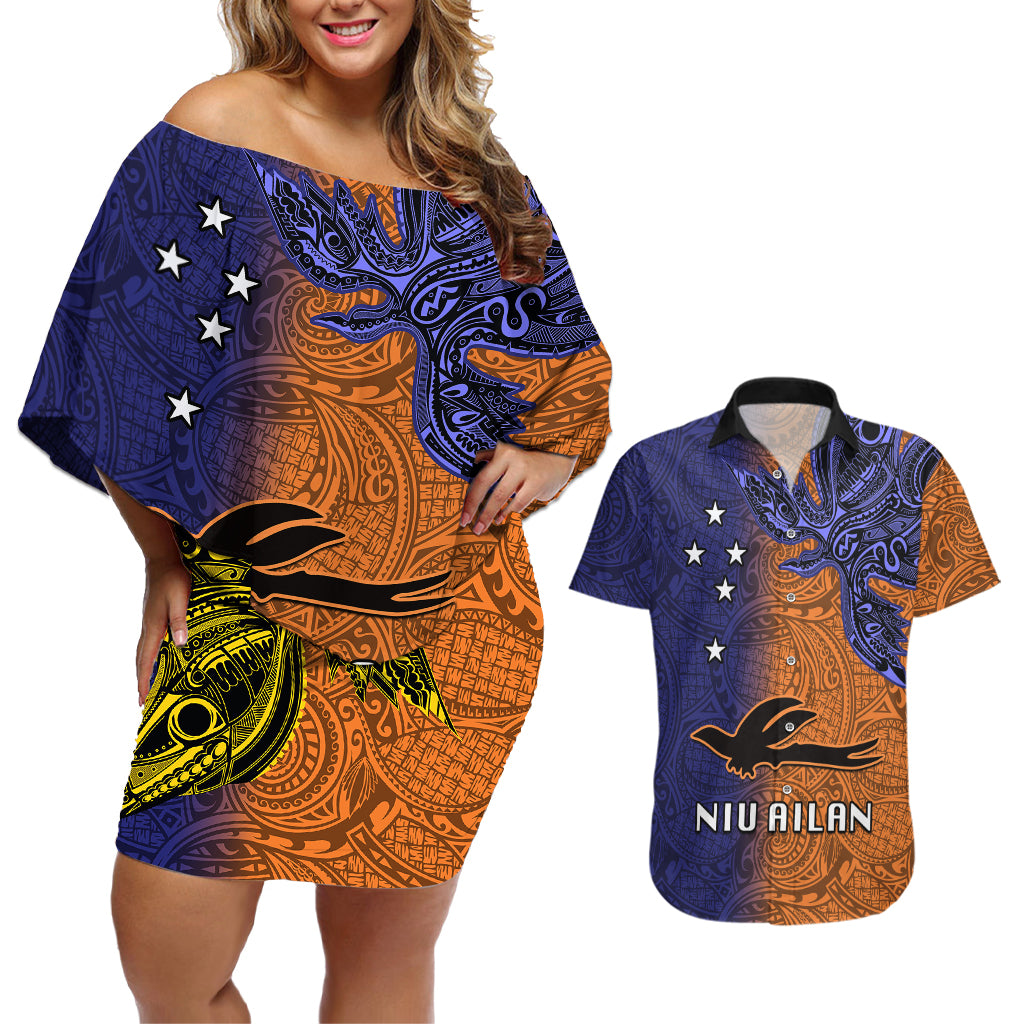 Papua New Guinea New Ireland Province Couples Matching Off Shoulder Short Dress and Hawaiian Shirt PNG Birds Of Paradise Polynesian Arty Style LT03 Orange - Polynesian Pride