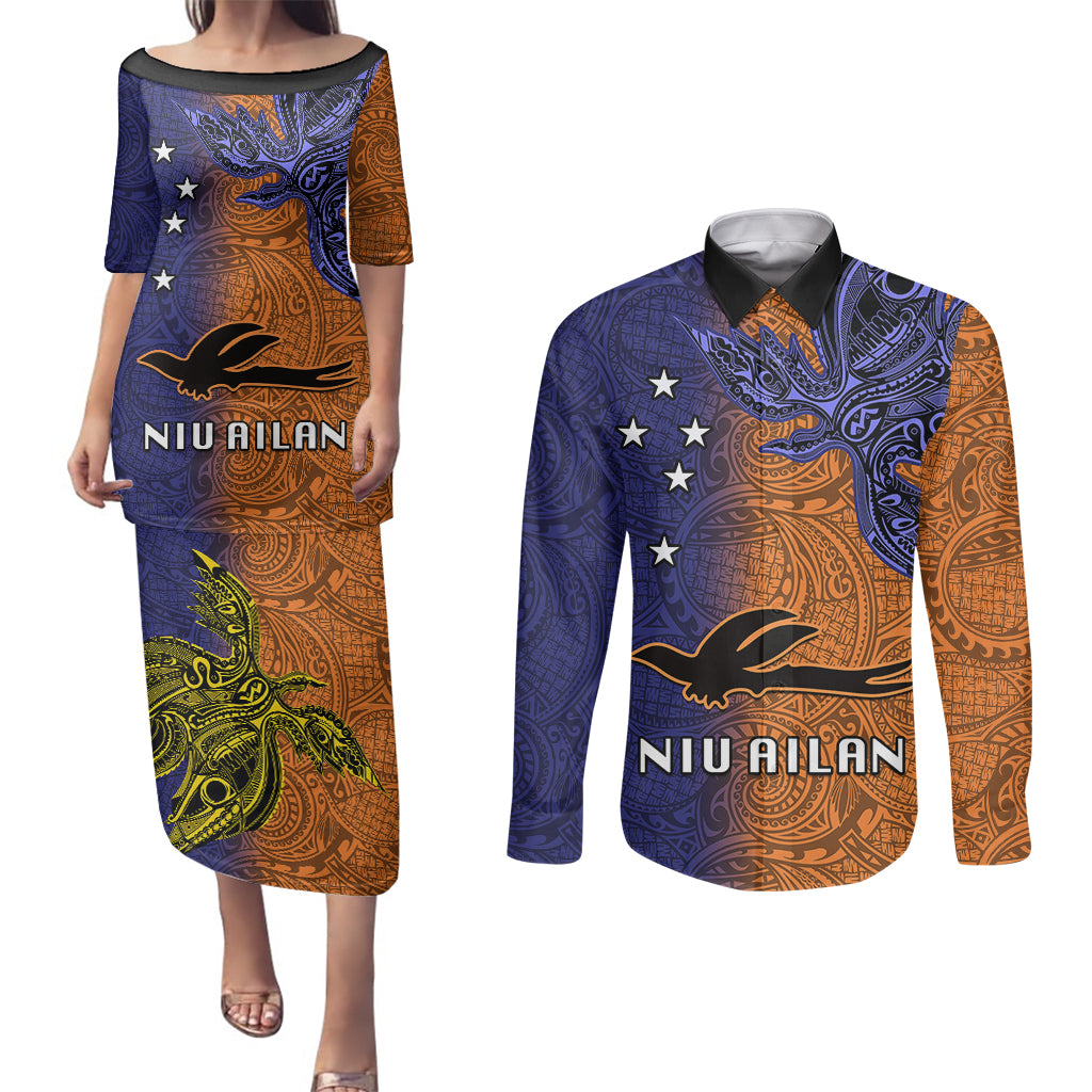 Papua New Guinea New Ireland Province Couples Matching Puletasi Dress and Long Sleeve Button Shirts PNG Birds Of Paradise Polynesian Arty Style LT03 Orange - Polynesian Pride