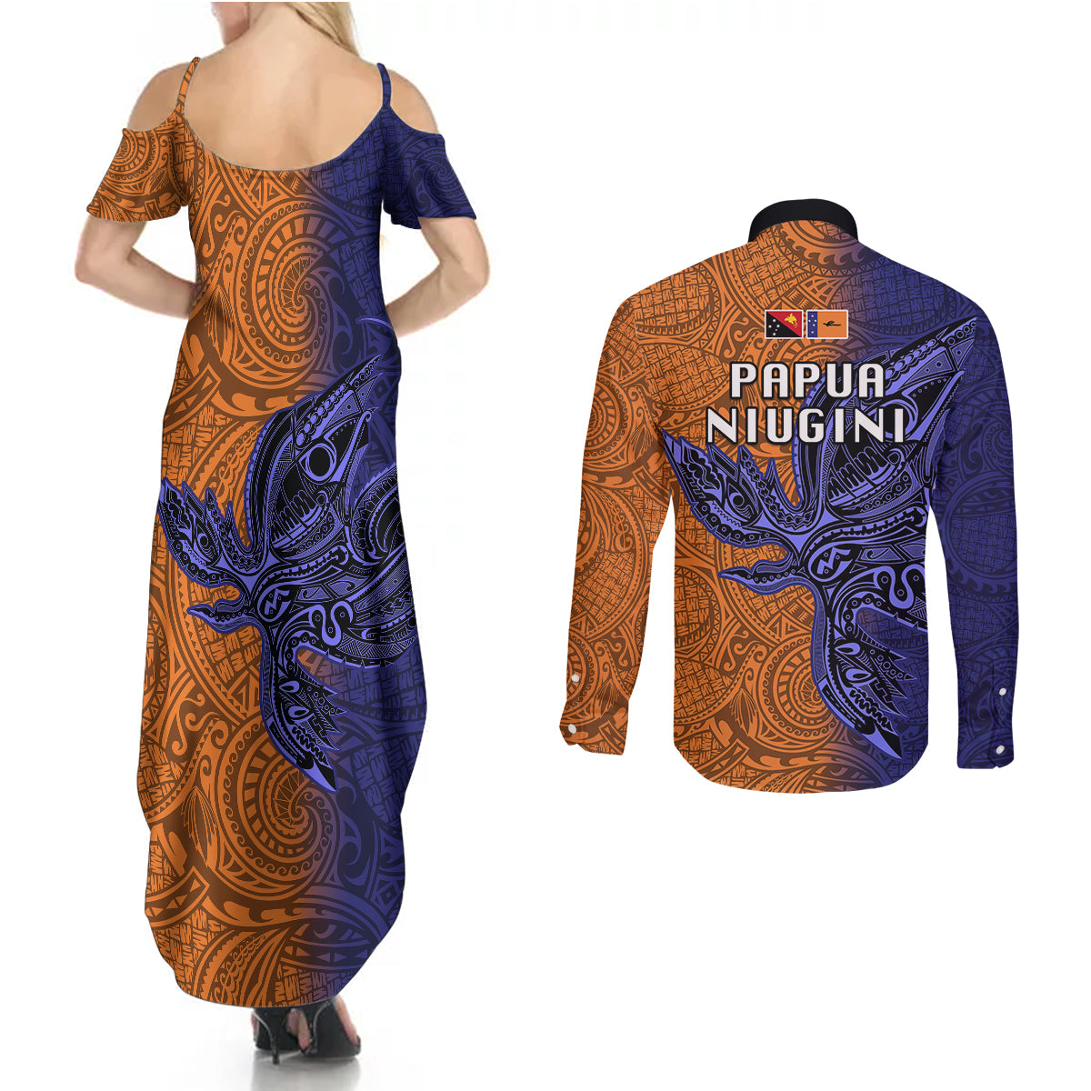 Papua New Guinea New Ireland Province Couples Matching Summer Maxi Dress and Long Sleeve Button Shirts PNG Birds Of Paradise Polynesian Arty Style LT03 - Polynesian Pride