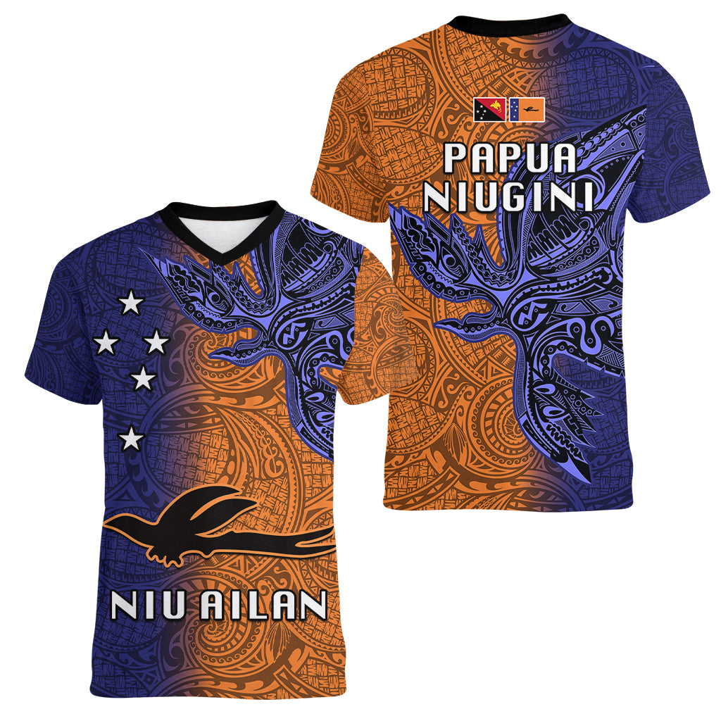 Papua New Guinea New Ireland Province Women V Neck T Shirt PNG Birds Of Paradise Polynesian Arty Style LT03 - Polynesian Pride
