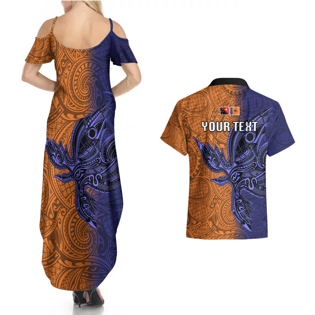 Custom Papua New Guinea New Ireland Province Couples Matching Summer Maxi Dress and Hawaiian Shirt PNG Birds Of Paradise Polynesian Arty Style LT03 - Polynesian Pride