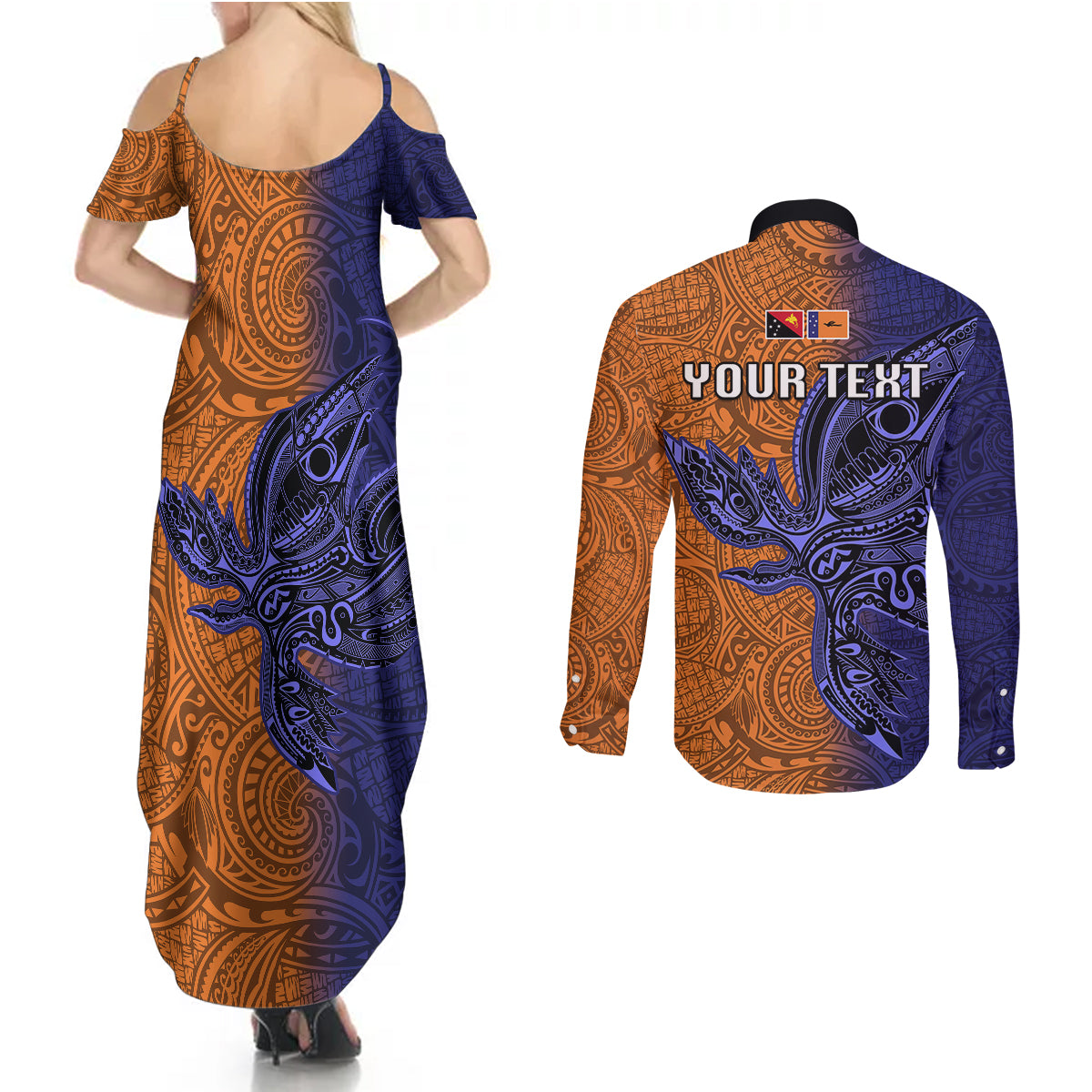 Custom Papua New Guinea New Ireland Province Couples Matching Summer Maxi Dress and Long Sleeve Button Shirts PNG Birds Of Paradise Polynesian Arty Style LT03 - Polynesian Pride