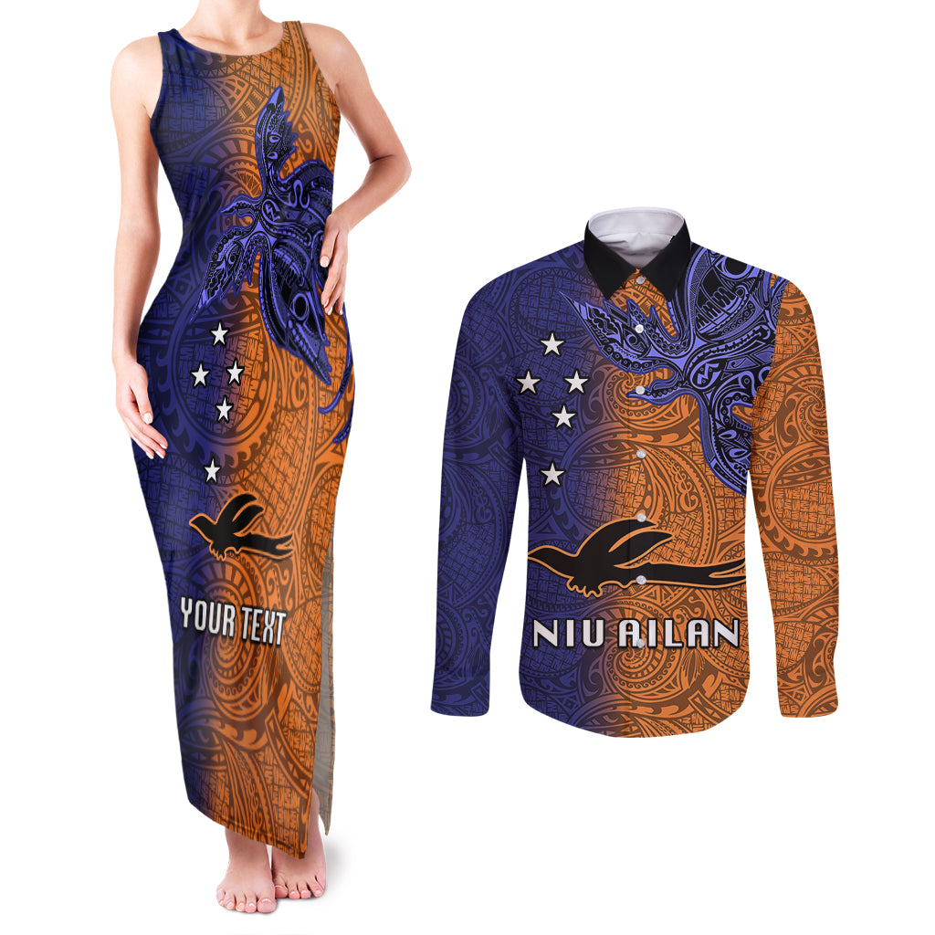 Custom Papua New Guinea New Ireland Province Couples Matching Tank Maxi Dress and Long Sleeve Button Shirts PNG Birds Of Paradise Polynesian Arty Style LT03 Orange - Polynesian Pride