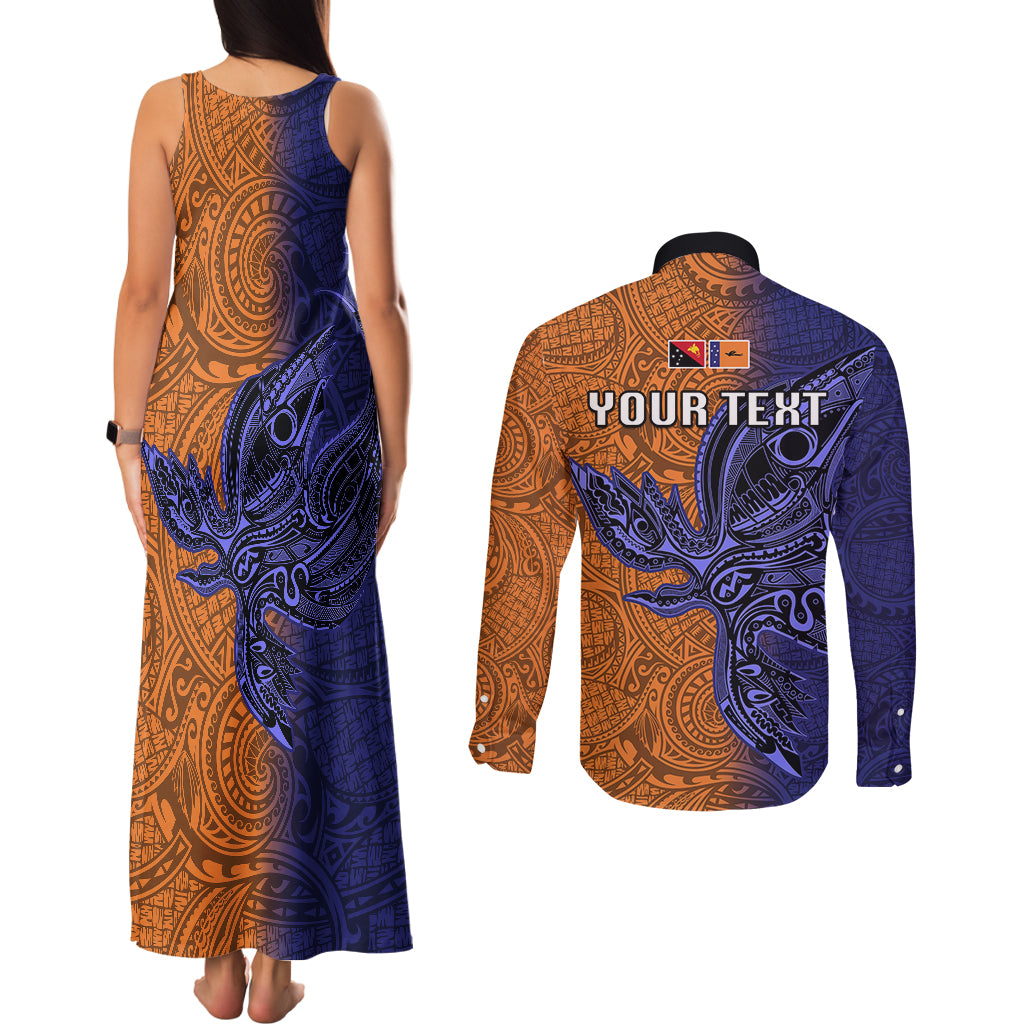 Custom Papua New Guinea New Ireland Province Couples Matching Tank Maxi Dress and Long Sleeve Button Shirts PNG Birds Of Paradise Polynesian Arty Style LT03 - Polynesian Pride