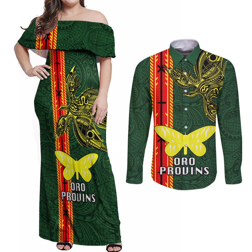 Papua New Guinea Oro Province Couples Matching Off Shoulder Maxi Dress and Long Sleeve Button Shirts PNG Birds Of Paradise Polynesian Arty Style LT03 Green - Polynesian Pride
