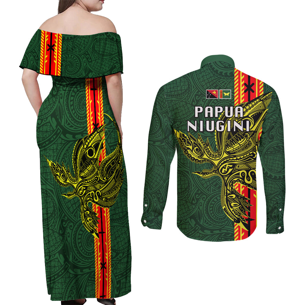 Papua New Guinea Oro Province Couples Matching Off Shoulder Maxi Dress and Long Sleeve Button Shirts PNG Birds Of Paradise Polynesian Arty Style LT03 - Polynesian Pride