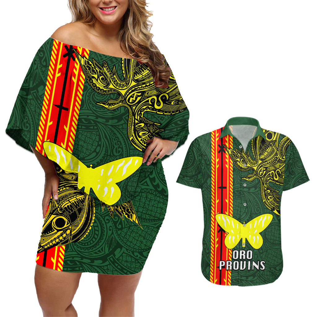Papua New Guinea Oro Province Couples Matching Off Shoulder Short Dress and Hawaiian Shirt PNG Birds Of Paradise Polynesian Arty Style LT03 Green - Polynesian Pride