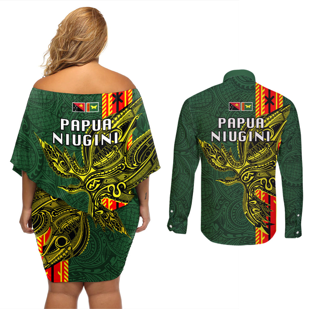 Papua New Guinea Oro Province Couples Matching Off Shoulder Short Dress and Long Sleeve Button Shirts PNG Birds Of Paradise Polynesian Arty Style LT03 - Polynesian Pride