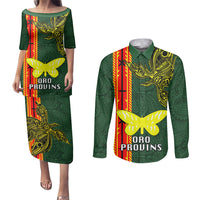 Papua New Guinea Oro Province Couples Matching Puletasi Dress and Long Sleeve Button Shirts PNG Birds Of Paradise Polynesian Arty Style LT03 Green - Polynesian Pride