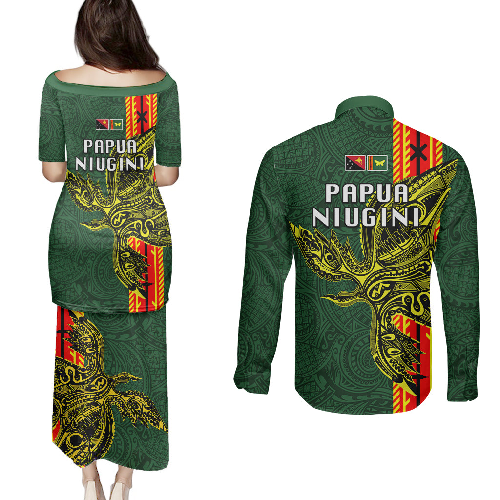Papua New Guinea Oro Province Couples Matching Puletasi Dress and Long Sleeve Button Shirts PNG Birds Of Paradise Polynesian Arty Style LT03 - Polynesian Pride