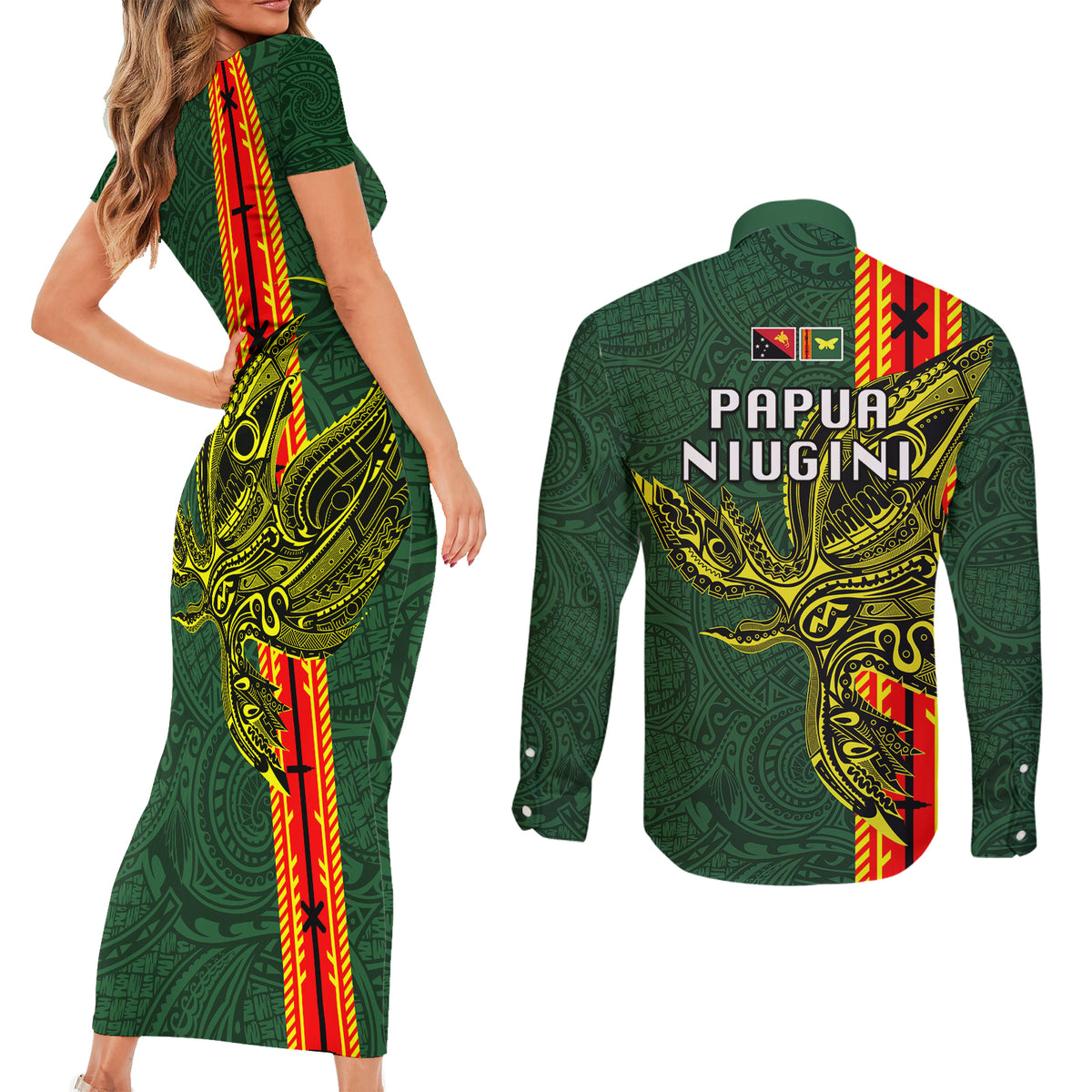 Papua New Guinea Oro Province Couples Matching Short Sleeve Bodycon Dress and Long Sleeve Button Shirts PNG Birds Of Paradise Polynesian Arty Style LT03 - Polynesian Pride