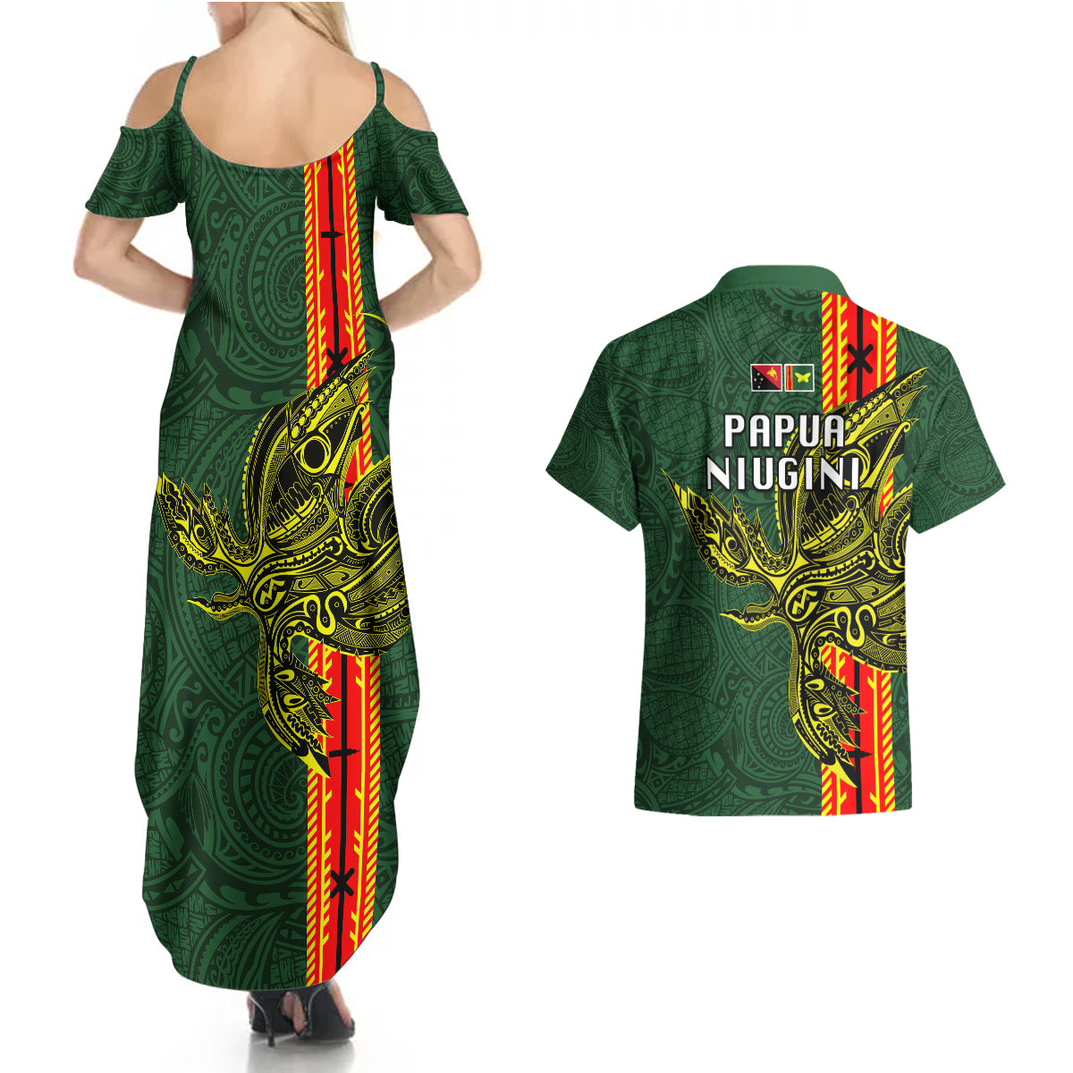 Papua New Guinea Oro Province Couples Matching Summer Maxi Dress and Hawaiian Shirt PNG Birds Of Paradise Polynesian Arty Style LT03 - Polynesian Pride