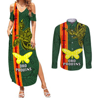 Papua New Guinea Oro Province Couples Matching Summer Maxi Dress and Long Sleeve Button Shirts PNG Birds Of Paradise Polynesian Arty Style LT03 Green - Polynesian Pride