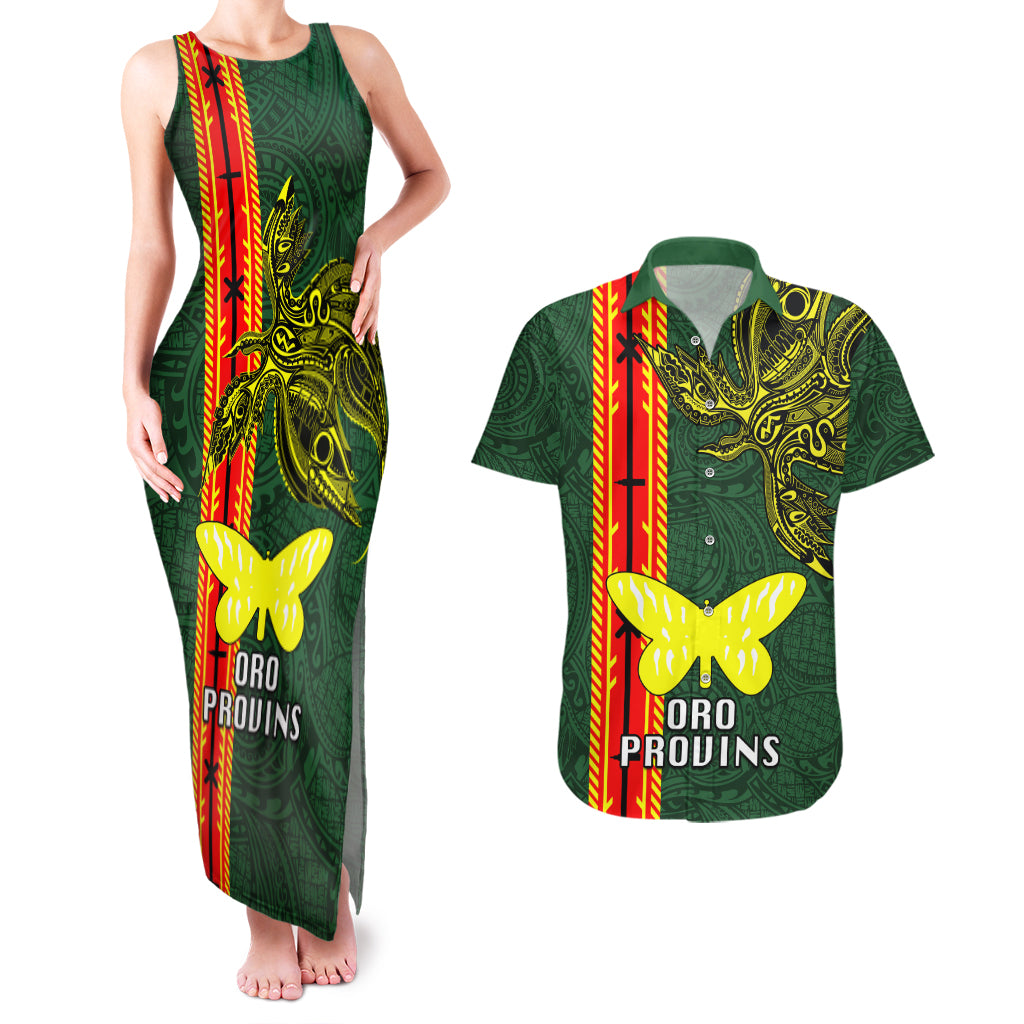 Papua New Guinea Oro Province Couples Matching Tank Maxi Dress and Hawaiian Shirt PNG Birds Of Paradise Polynesian Arty Style LT03 Green - Polynesian Pride