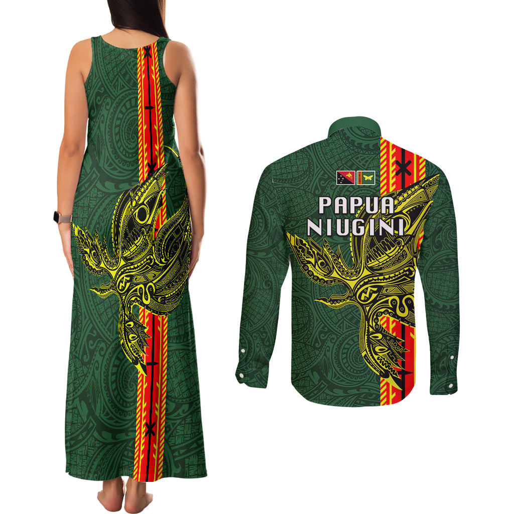 Papua New Guinea Oro Province Couples Matching Tank Maxi Dress and Long Sleeve Button Shirts PNG Birds Of Paradise Polynesian Arty Style LT03 - Polynesian Pride