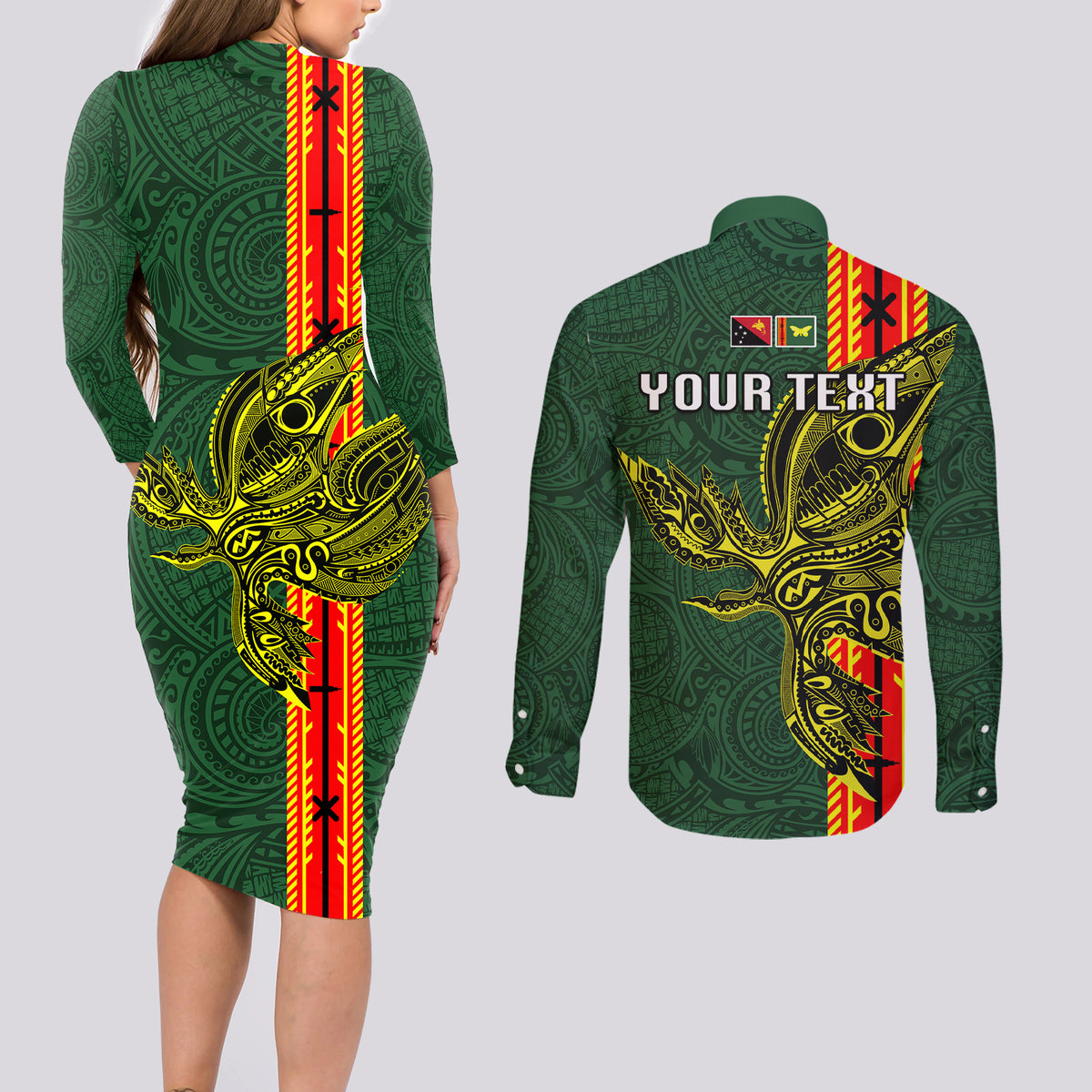 Custom Papua New Guinea Oro Province Couples Matching Long Sleeve Bodycon Dress and Long Sleeve Button Shirts PNG Birds Of Paradise Polynesian Arty Style LT03 - Polynesian Pride