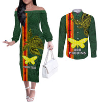 Custom Papua New Guinea Oro Province Couples Matching Off The Shoulder Long Sleeve Dress and Long Sleeve Button Shirts PNG Birds Of Paradise Polynesian Arty Style LT03 Green - Polynesian Pride