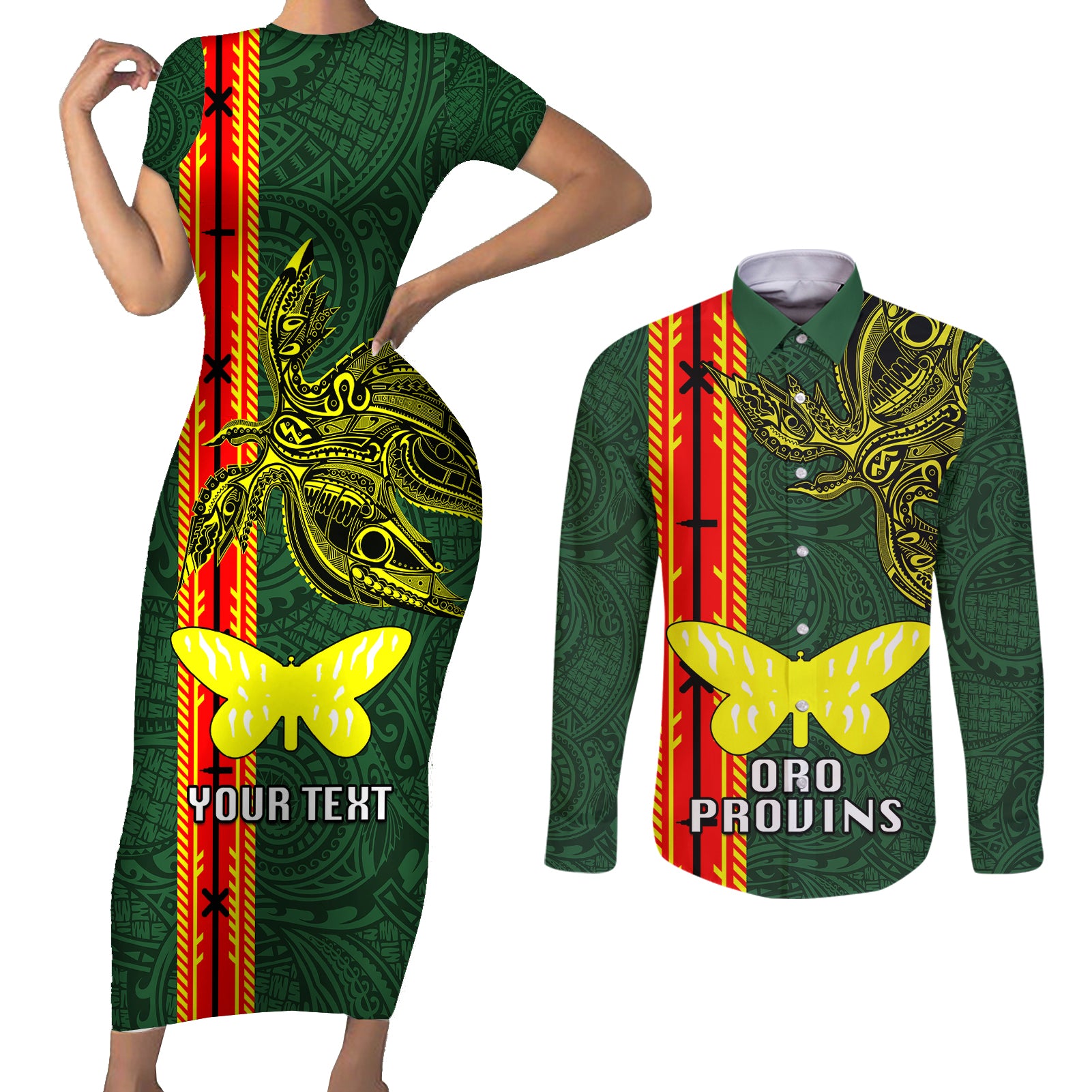 Custom Papua New Guinea Oro Province Couples Matching Short Sleeve Bodycon Dress and Long Sleeve Button Shirts PNG Birds Of Paradise Polynesian Arty Style LT03 Green - Polynesian Pride