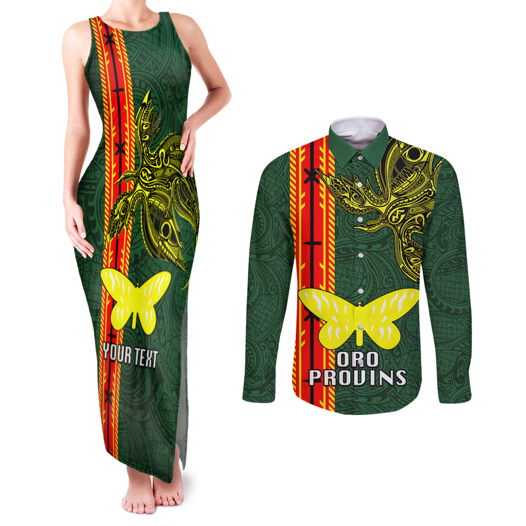 Custom Papua New Guinea Oro Province Couples Matching Tank Maxi Dress and Long Sleeve Button Shirts PNG Birds Of Paradise Polynesian Arty Style LT03 Green - Polynesian Pride