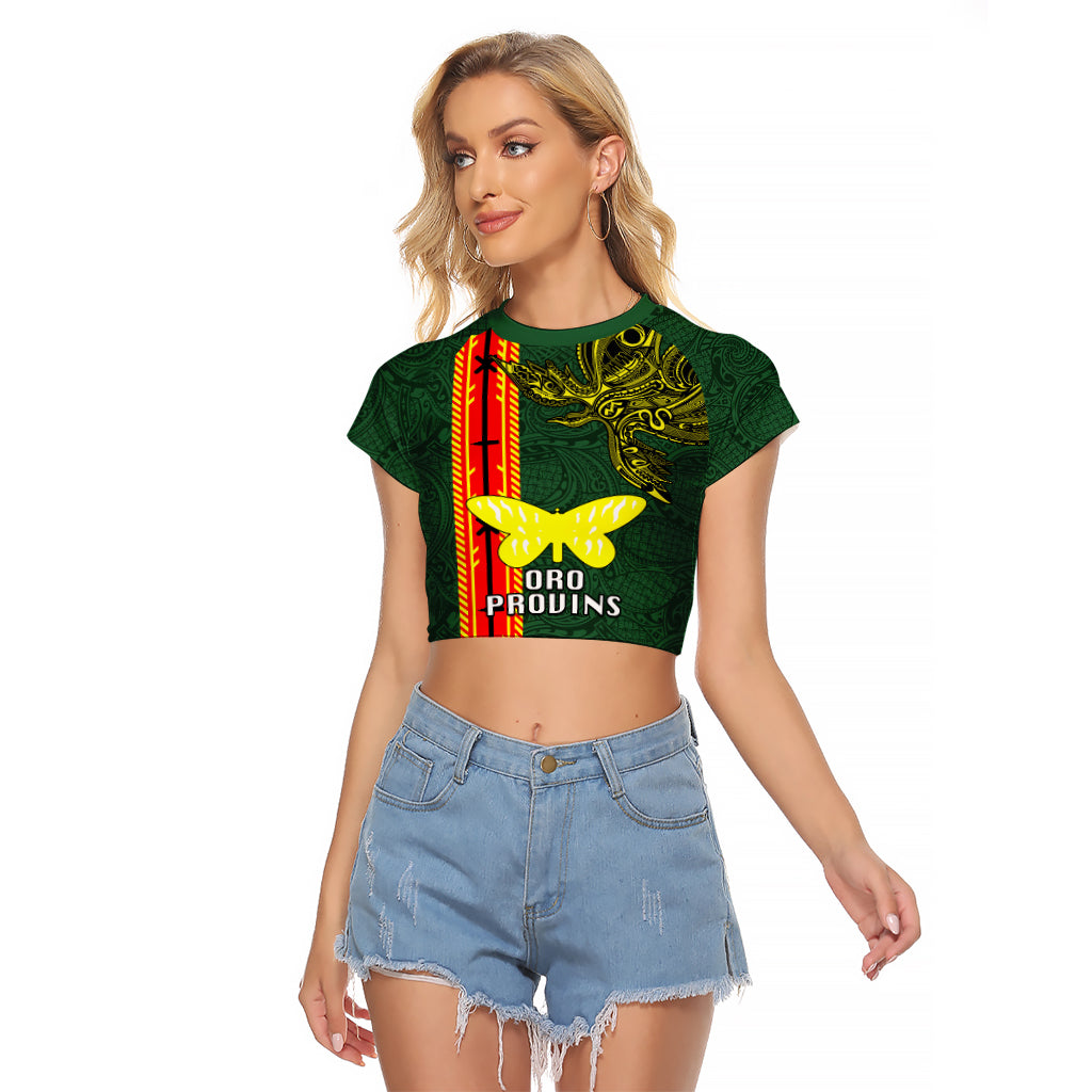 Custom Papua New Guinea Oro Province Raglan Cropped T Shirt PNG Birds Of Paradise Polynesian Arty Style LT03 Female Green - Polynesian Pride