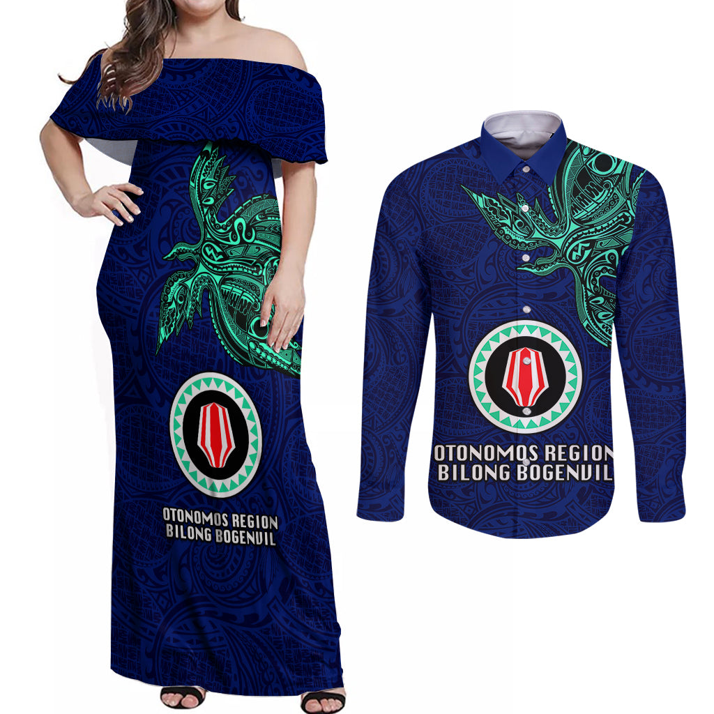 Papua New Guinea Bougainville Couples Matching Off Shoulder Maxi Dress and Long Sleeve Button Shirts PNG Birds Of Paradise Polynesian Arty Style LT03 Blue - Polynesian Pride