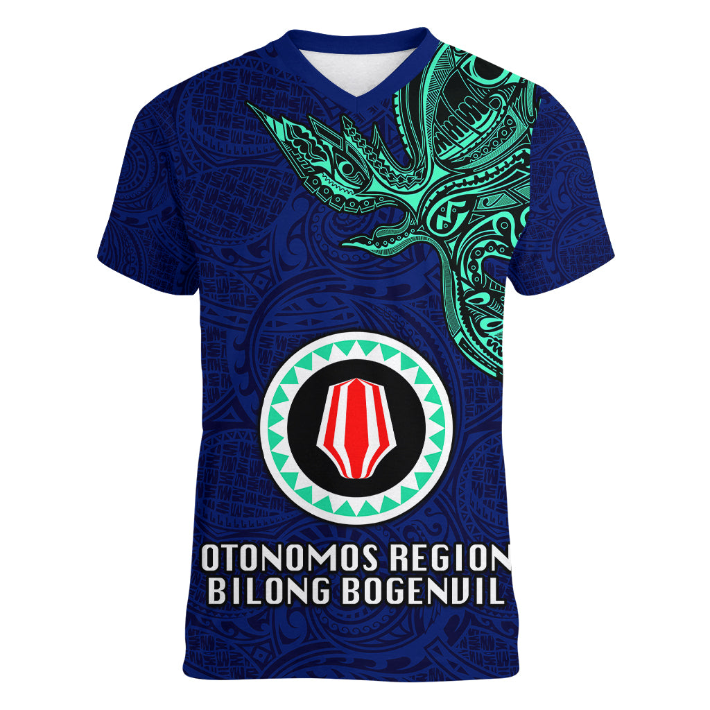 Papua New Guinea Bougainville Women V Neck T Shirt PNG Birds Of Paradise Polynesian Arty Style LT03 Female Blue - Polynesian Pride