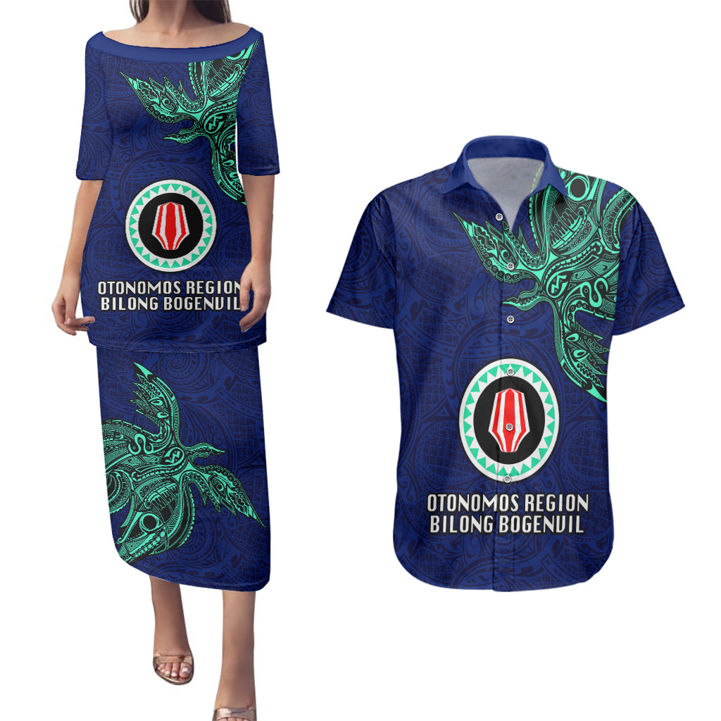 Custom Papua New Guinea Bougainville Couples Matching Puletasi Dress and Hawaiian Shirt PNG Birds Of Paradise Polynesian Arty Style LT03 Blue - Polynesian Pride
