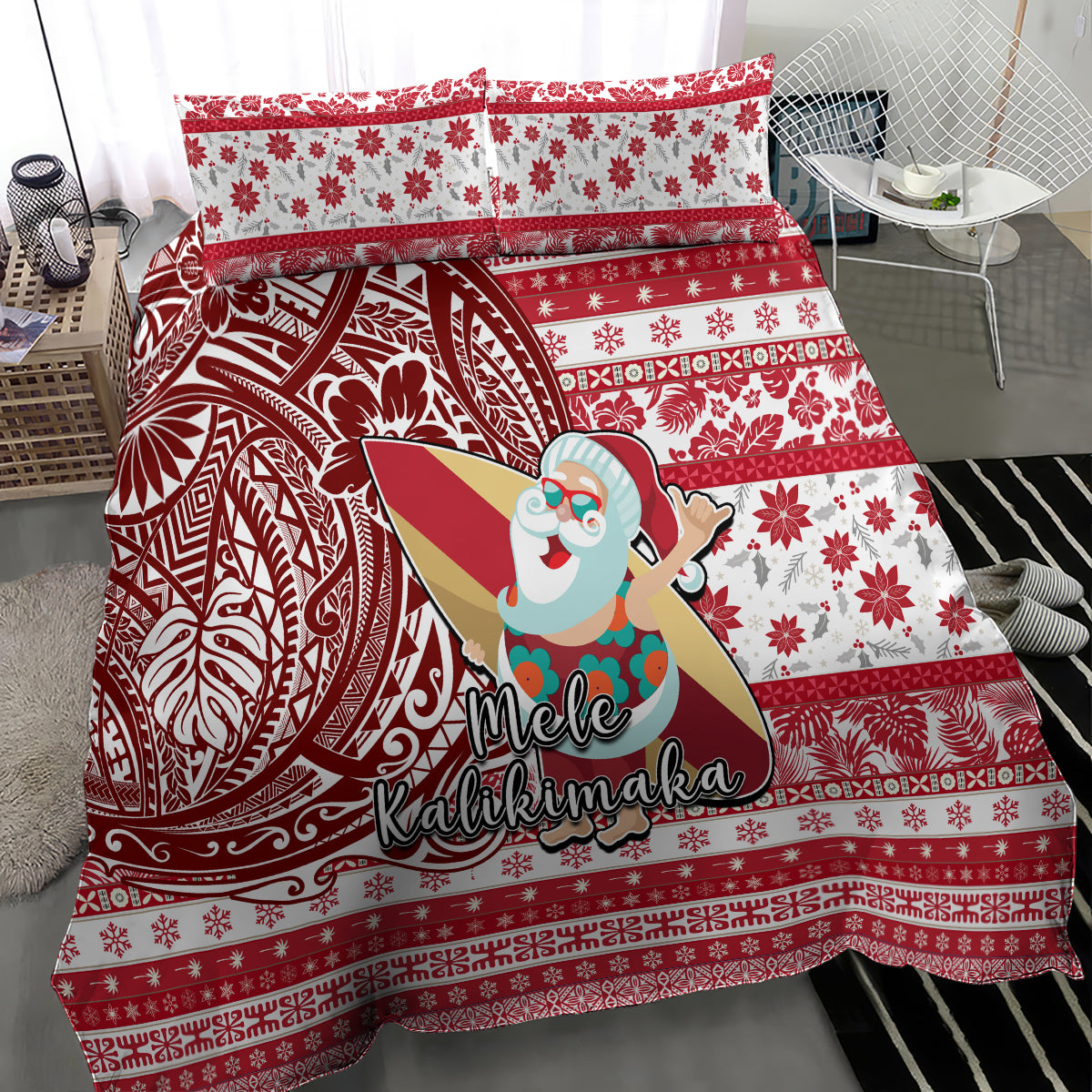Hawaii Mele Kalikimaka Bedding Set Santa Claus Surfing with Hawaiian Pattern Striped Red Style LT03 - Polynesian Pride