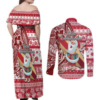 Hawaii Mele Kalikimaka Couples Matching Off Shoulder Maxi Dress and Long Sleeve Button Shirt Santa Claus Surfing with Hawaiian Pattern Striped Red Style LT03 - Polynesian Pride