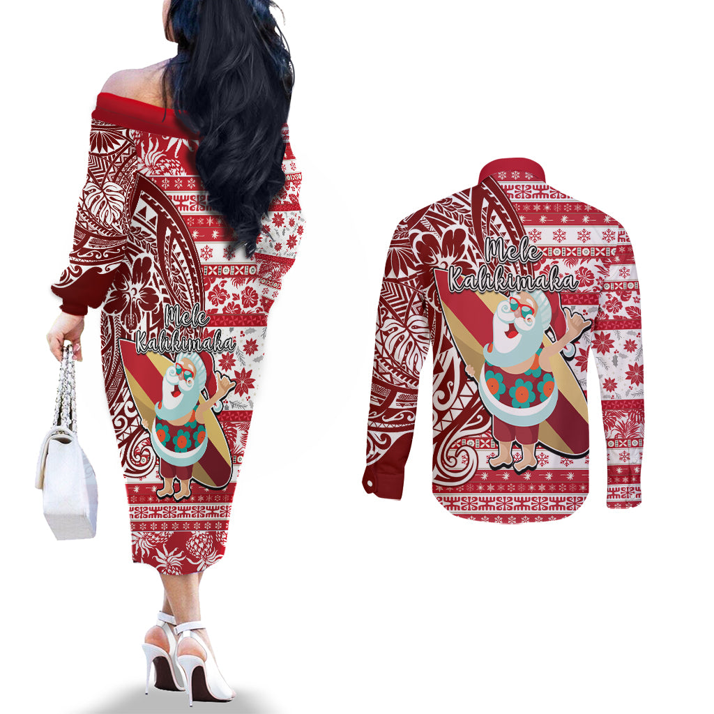 Hawaii Mele Kalikimaka Couples Matching Off The Shoulder Long Sleeve Dress and Long Sleeve Button Shirt Santa Claus Surfing with Hawaiian Pattern Striped Red Style LT03 - Polynesian Pride