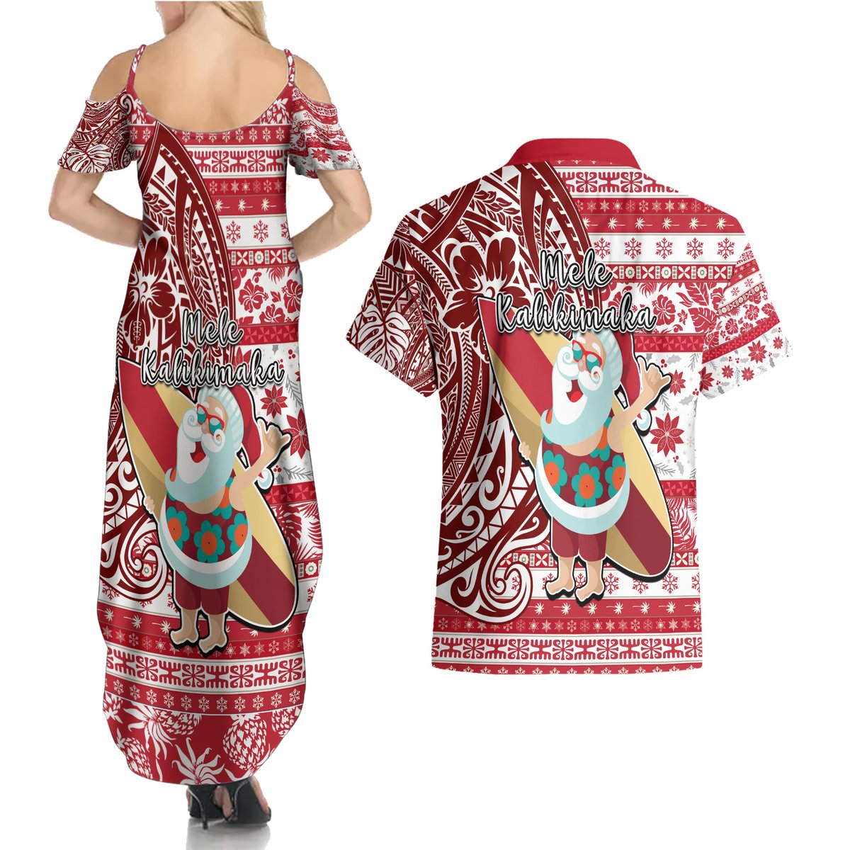 Hawaii Mele Kalikimaka Couples Matching Summer Maxi Dress and Hawaiian Shirt Santa Claus Surfing with Hawaiian Pattern Striped Red Style LT03 - Polynesian Pride
