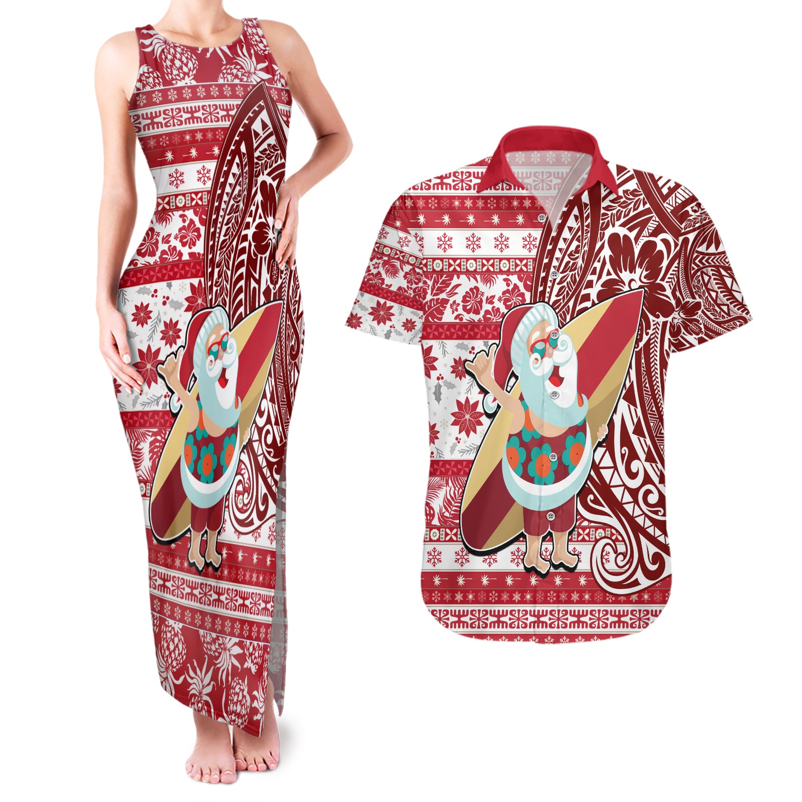 Hawaii Mele Kalikimaka Couples Matching Tank Maxi Dress and Hawaiian Shirt Santa Claus Surfing with Hawaiian Pattern Striped Red Style LT03 Red - Polynesian Pride