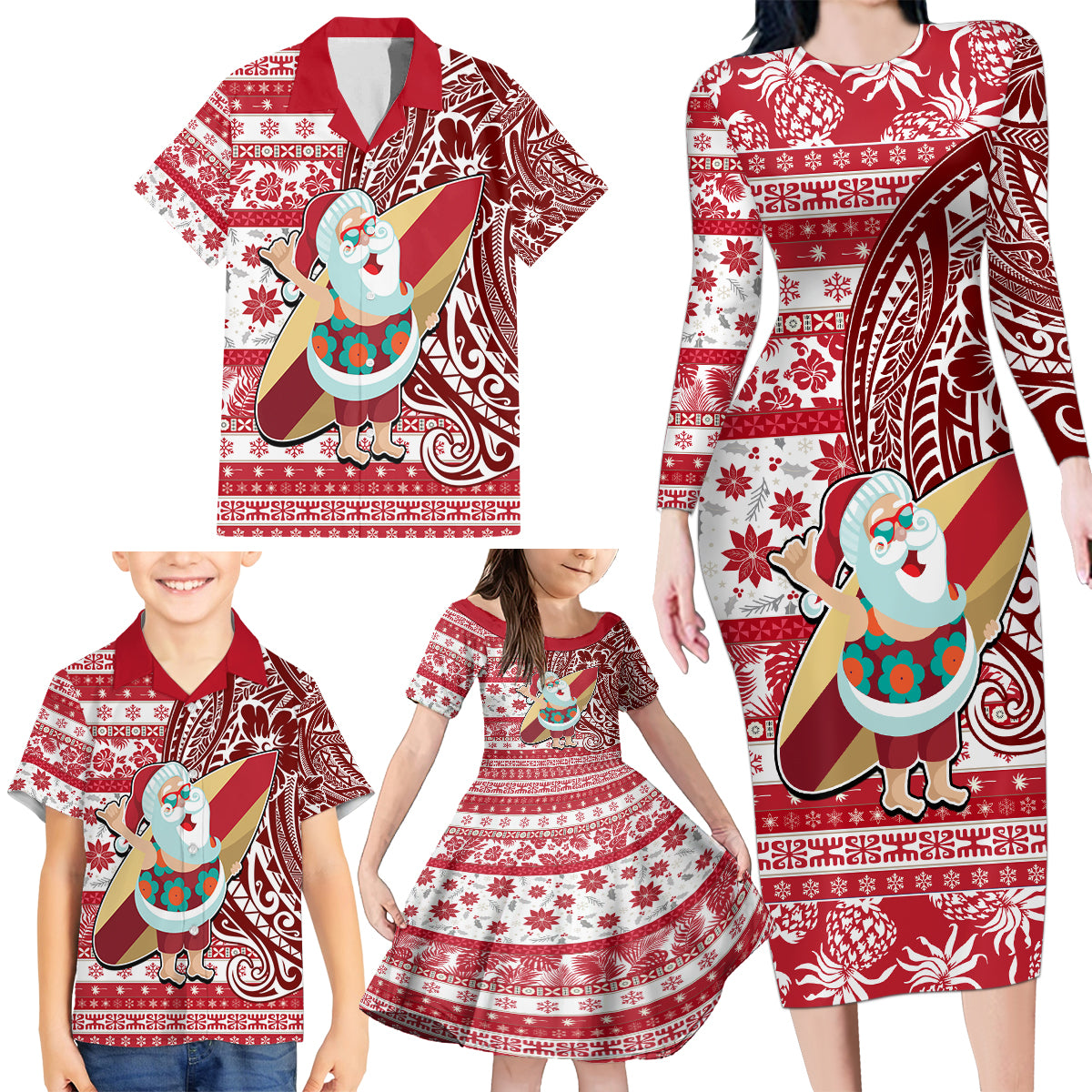 Hawaii Mele Kalikimaka Family Matching Long Sleeve Bodycon Dress and Hawaiian Shirt Santa Claus Surfing with Hawaiian Pattern Striped Red Style LT03 - Polynesian Pride