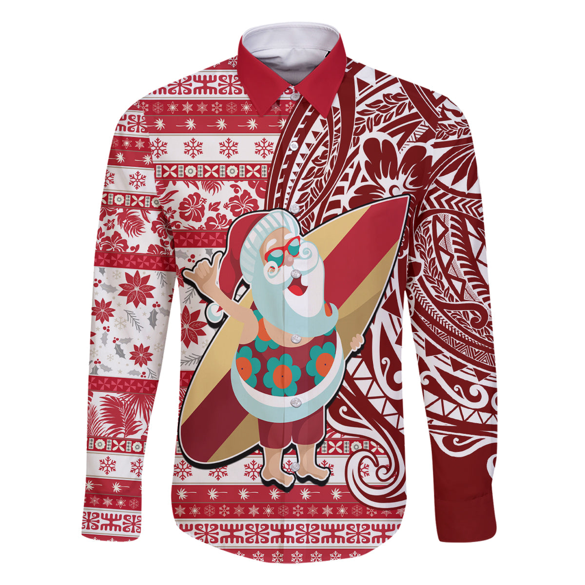 Hawaii Mele Kalikimaka Family Matching Long Sleeve Bodycon Dress and Hawaiian Shirt Santa Claus Surfing with Hawaiian Pattern Striped Red Style LT03 Dad's Shirt - Long Sleeve Red - Polynesian Pride