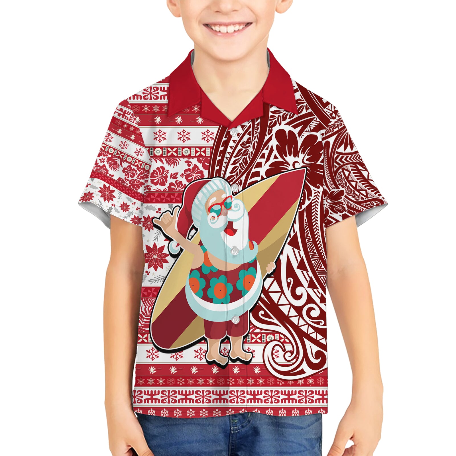 Hawaii Mele Kalikimaka Kid Hawaiian Shirt Santa Claus Surfing with Hawaiian Pattern Striped Red Style LT03 Kid Red - Polynesian Pride