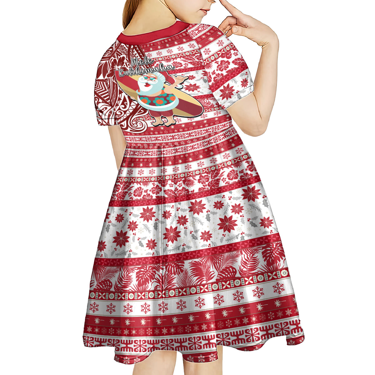 Hawaii Mele Kalikimaka Kid Short Sleeve Dress Santa Claus Surfing with Hawaiian Pattern Striped Red Style LT03 - Polynesian Pride