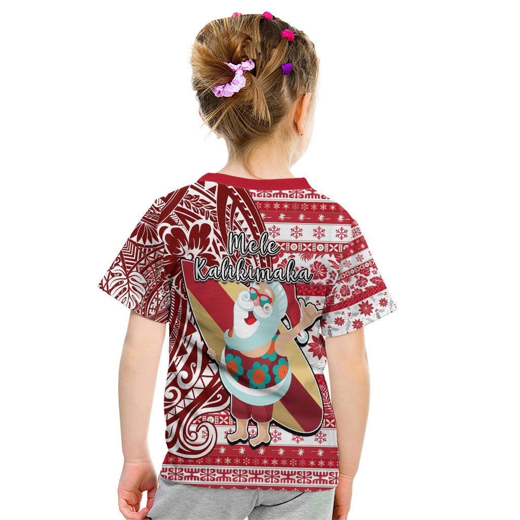 Hawaii Mele Kalikimaka Kid T Shirt Santa Claus Surfing with Hawaiian Pattern Striped Red Style LT03 - Polynesian Pride