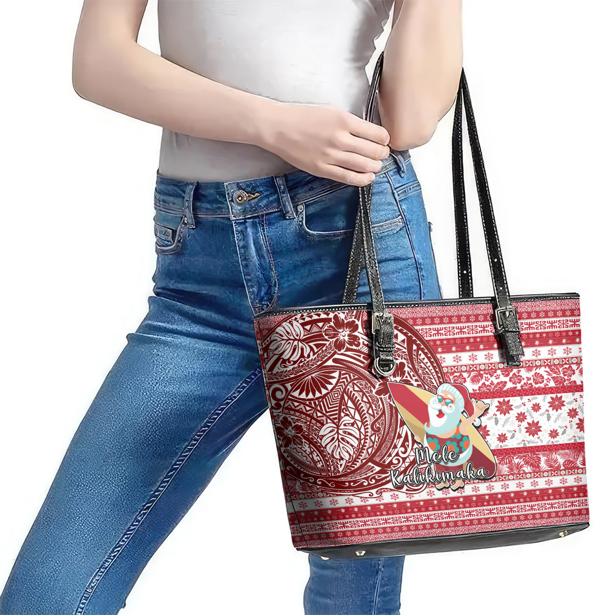 Hawaii Mele Kalikimaka Leather Tote Bag Santa Claus Surfing with Hawaiian Pattern Striped Red Style LT03 - Polynesian Pride