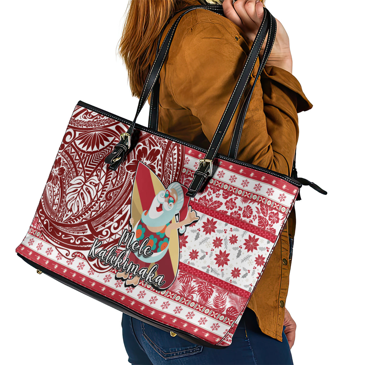 Hawaii Mele Kalikimaka Leather Tote Bag Santa Claus Surfing with Hawaiian Pattern Striped Red Style LT03 - Polynesian Pride