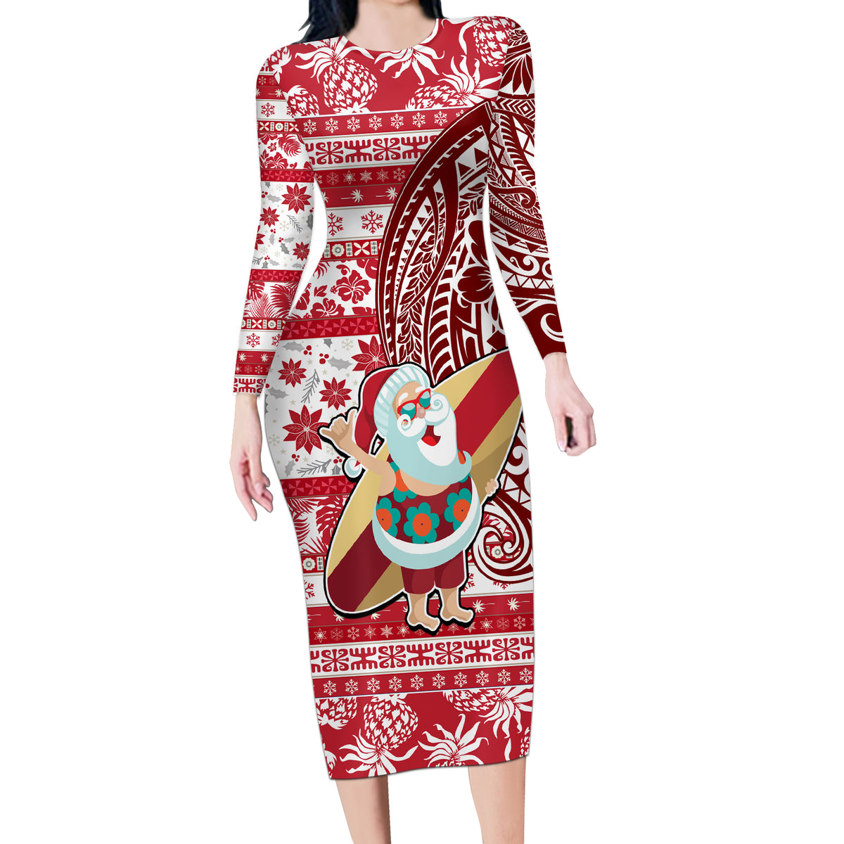 Hawaii Mele Kalikimaka Long Sleeve Bodycon Dress Santa Claus Surfing with Hawaiian Pattern Striped Red Style LT03 Long Dress Red - Polynesian Pride