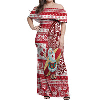 Hawaii Mele Kalikimaka Off Shoulder Maxi Dress Santa Claus Surfing with Hawaiian Pattern Striped Red Style LT03 Women Red - Polynesian Pride