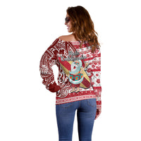 Hawaii Mele Kalikimaka Off Shoulder Sweater Santa Claus Surfing with Hawaiian Pattern Striped Red Style LT03 - Polynesian Pride