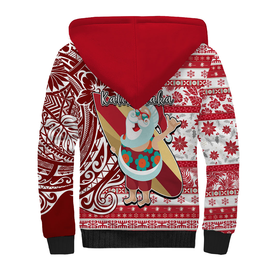 Hawaii Mele Kalikimaka Sherpa Hoodie Santa Claus Surfing with Hawaiian Pattern Striped Red Style LT03 - Polynesian Pride
