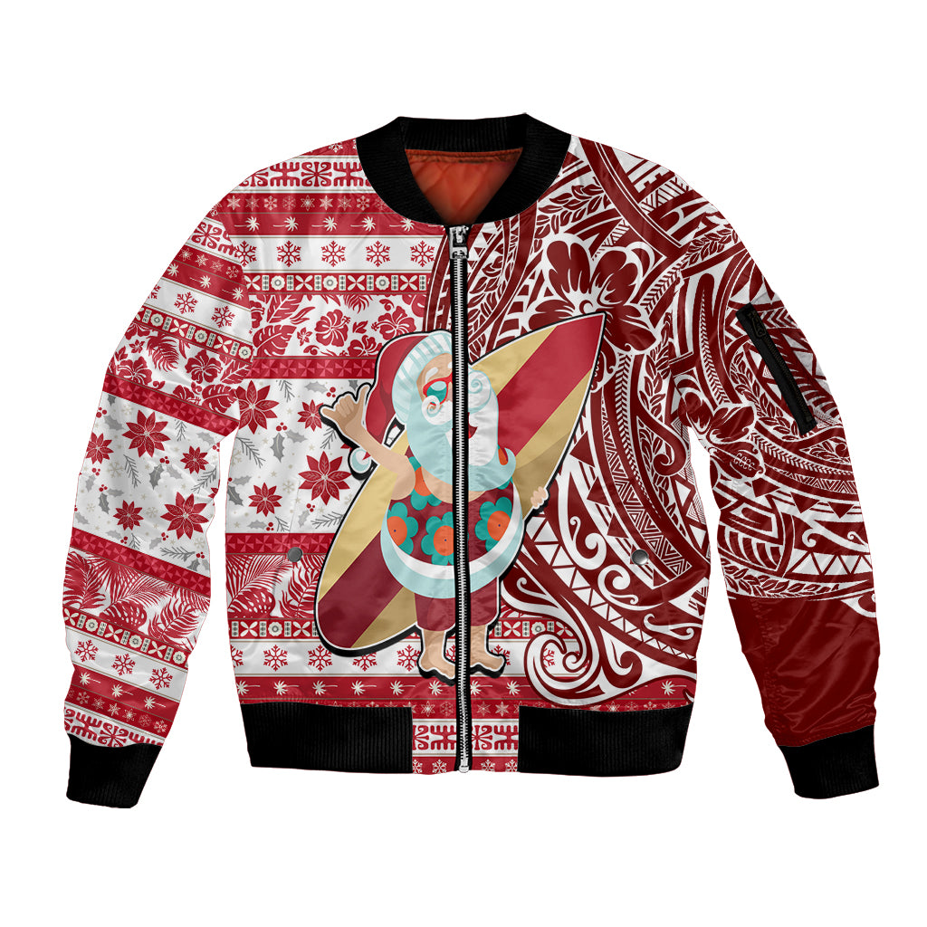 Hawaii Mele Kalikimaka Sleeve Zip Bomber Jacket Santa Claus Surfing with Hawaiian Pattern Striped Red Style LT03 Unisex Red - Polynesian Pride